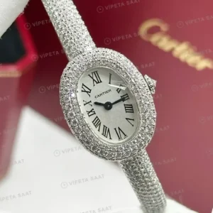 Cartier Baignoire 32 mm WJBA0005 Elmas Tasli Pavé Roman Oval Bilezik Super Clone ETA Saat kırp kapak