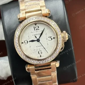 Cartier Pasha 35 mm WSPAA0004 Rose Gold Beyaz Elmas Tasli Super Clone ETA Saat kırp kapak