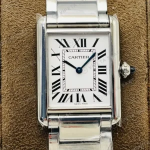 Cartier Tank 33.7 mm WSTA0041 Beyaz Kadran Celik Deri Kordon Super Clone ETA Saat kırp kapak