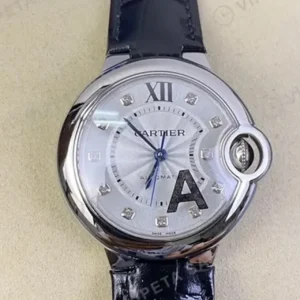 Cartier Ballon Bleu 33 mm WSBB0044 Gumus Kadran Siyah Deri Kordon Super Clone ETA Saat kırp kapak
