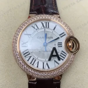 Cartier Ballon Bleu 33 mm WJBB0033 Rose Kasa Baget Bezel Gumus Kadran Kahverengi Deri Kordon Super Clone ETA Saat kırp kapak