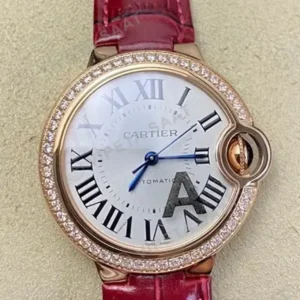 Cartier Ballon Bleu 33 mm WJBB0033 Rose Kasa Beyaz Kadran Baget Bezel Kirmizi Deri Super Clone ETA Saat kırp kapak