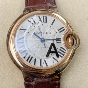 Cartier Ballon Bleu 33 mm WJBB0033 Rose Kasa Gumus Kadran Kahverengi Deri Kordon Super Clone ETA Saat kırp kapak