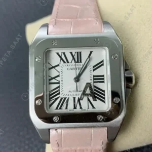 Cartier Santos de Cartier 100 38 mm W20073X8 Santos Santos 100 Beyaz Kadran Pembe Deri Kordon Super Clone ETA Saat kırp kapak