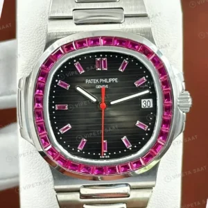 Patek Philippe Nautilus 5711 40 mm Siyah Kadran Pembe Baget Taşlı Super Clone ETA Saat kırp kapak