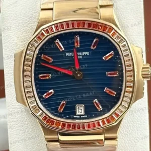 Patek Philippe Nautilus 5711 40 mm Rose Mavi Baget Taşlı Çelik Super Clone ETA Saat kırp kapak