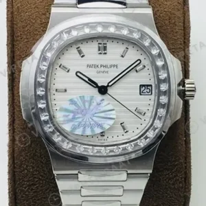 Patek Philippe 40 mm Nautilus Beyaz Kadran Tasli Bezel Celik Super Clone ETA Saat kırp kapak