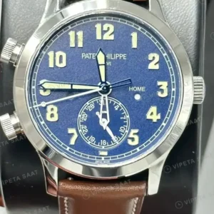Patek Philippe 39 mm Calatrava Pilot Travel Time Krem Kadran Çift Zaman Deri Super Clone ETA Saat kırp kapak