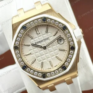 Audemars Piguet Royal Oak Offshore Bayan Krem Kadranlı Rose Gold Elmas Bezel Super Clone ETA Saat kırp kapak