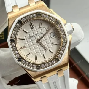 Audemars Piguet Royal Oak Offshore Bayan Beyaz Kadranlı Rose Gold Elmas Bezel Super Clone ETA Saat kırp kapak