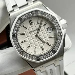 Audemars Piguet Royal Oak Offshore Bayan Beyaz Kadranlı Çelik Elmas Bezel Super Clone ETA Saat kırp kapak
