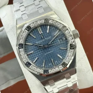 Audemars Piguet Royal Oak Bayan Mavi Kadranlı Çelik Elmas Bezel Işıltı Super Clone ETA Saat kırp kapak
