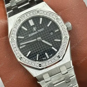 Audemars Piguet Royal Oak Bayan Siyah Kadranlı Çelik Elmas Bezel Super Clone ETA Saat kırp kapak