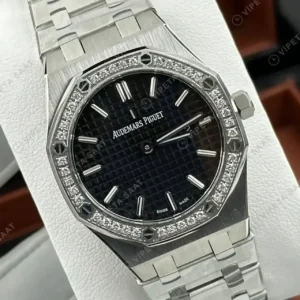 Audemars Piguet Royal Oak Bayan Siyah Kadranlı Çelik Elmas Bezel Klasik Super Clone ETA Saat kırp kapak