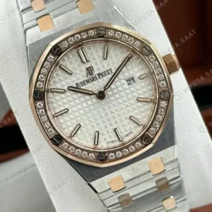 Audemars Piguet Royal Oak Bayan Gümüş Kadranlı İki Renk Elmas Bezel Super Clone ETA Saat kırp kapak