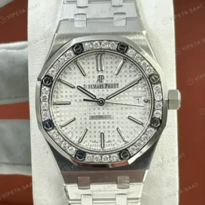 Audemars Piguet Royal Oak Bayan Beyaz Kadranlı Çelik Elmas Bezel Otomatik Super Clone ETA Saat kırp kapak