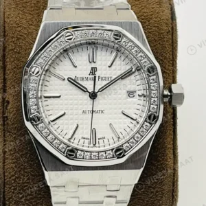 Audemars Piguet 15450 Bayan Beyaz Kadranlı Taşlı Bezel Çelik Super Clone ETA Saat kırp kapak