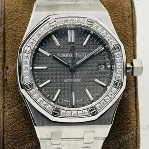 Audemars Piguet 15450 Bayan Gri Kadranlı Taşlı Bezel Çelik Super Clone ETA Saat kırp kapak