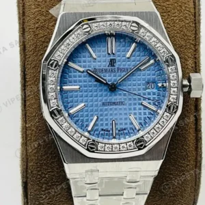 Audemars Piguet 15450 Bayan Mavi Kadranlı Taşlı Bezel Çelik Super Clone ETA Saat kırp kapak