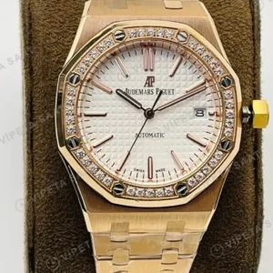 Audemars Piguet 15451 Bayan Beyaz Kadranlı Taşlı Bezel Rose Gold Super Clone ETA Saat kırp kapak