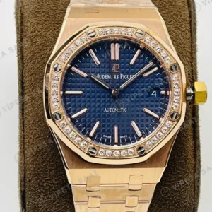 Audemars Piguet 15451 Bayan Mavi Kadranlı Taşlı Bezel Rose Gold Super Clone ETA Saat kırp kapak