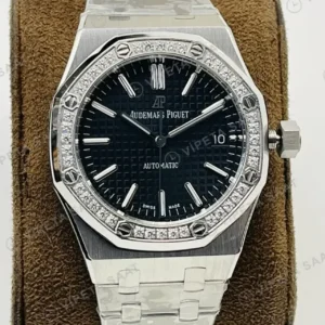 Audemars Piguet 15450 Bayan Siyah Kadranlı Taşlı Bezel Çelik Super Clone ETA Saat kırp kapak