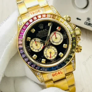 Rolex Daytona Kronograf Gökkuşağı Bezel Siyah Kadran Gold 40mm Super Clone ETA Saat kırp kapak