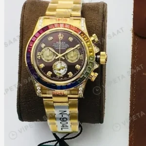 Rolex Daytona Kronograf Kahve Kadran Taşlı Bezel Gold 40mm Super Clone ETA Saat kırp kapak