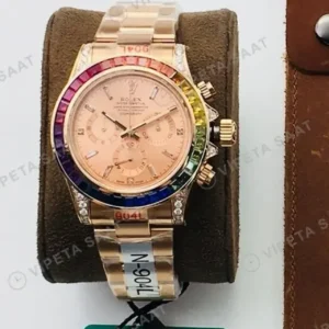 Rolex Daytona Kronograf Pembe Kadran Taşlı Bezel Gold 40mm Super Clone ETA Saat kırp kapak