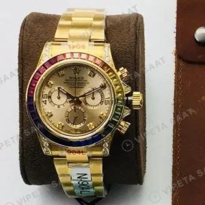 Rolex Daytona Kronograf Champagne Kadran Taşlı Bezel Gold 40mm Super Clone ETA Saat kırp kapak