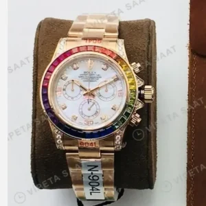 Rolex Daytona Kronograf Beyaz Kadran Taşlı Bezel Gold 40mm Super Clone ETA Saat kırp kapak