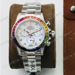 Rolex Daytona Kronograf Beyaz Kadran Taşlı Bezel Çelik 40mm Super Clone ETA Saat kırp kapak