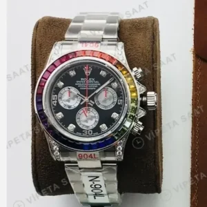 Rolex Daytona Kronograf Siyah Kadran Taşlı Bezel Çelik 40mm Super Clone ETA Saat kırp kapak