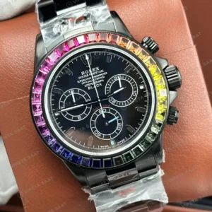 Rolex Daytona Rainbow Black Seramik Baguette 4130 Super Clone ETA Saat kırp kapak