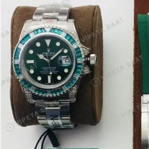 Rolex Submariner Yeşil Kadran Taşlı Bezel Çelik 40mm Super Clone ETA Saat kırp kapak