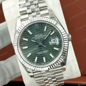 Rolex Datejust 41 mm 126334 Palm Motif Yeşil Kadranlı Jubilee Bilezik Fluted (Yivli) Bezel 3235 Super Clone ETA Saat kırp kapak