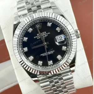 Rolex Datejust 41 mm 126334 Pırlanta İndeksli Siyah Kadranlı Jubilee Bilezik Fluted (Yivli) Bezel 3235 Super Clone ETA Saat kırp kapak