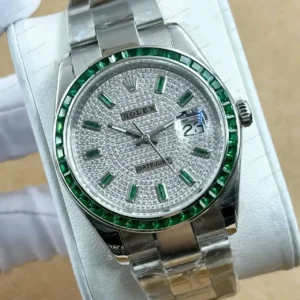 Rolex Datejust 41 mm Pave Baget İndeksli Yeşil Bezel Super Clone ETA Saat kırp kapak
