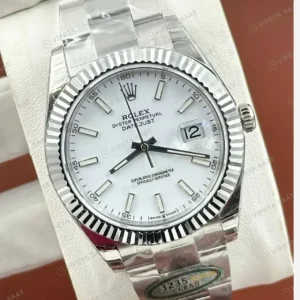 Rolex Datejust 41 mm 126334 Beyaz Kadranlı Oyster Bilezik Fluted (Yivli) Bezel Super Clone ETA Saat kırp kapak