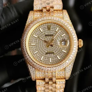 Rolex Datejust 41 mm Pave Gümüş Kadranlı Everose Altın Görünümlü Özel President Bilezik (Özel Varyant) Pırlanta Taşlı Bezel 3235 Super Clone ETA Saat kırp kapak