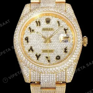Rolex Datejust 41 mm Pave Beyaz Kadranlı Özel Taşlı President Bilezik (Özel Varyant) Pırlanta Taşlı Bezel 3235 Super Clone ETA Saat kırp kapak