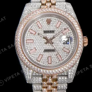 Rolex Datejust 41 mm Pırlanta İndeksli Beyaz Kadranlı Özel Taşlı President Bilezik (Özel Varyant) Pırlanta Taşlı Bezel 3235 Super Clone ETA Saat kırp kapak