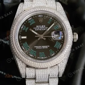 Rolex Datejust 41 mm Wimbledon Rhodium Kadranlı Özel Taşlı Jubilee Bilezik Pırlanta Taşlı Bezel 3235 Super Clone ETA Saat kırp kapak