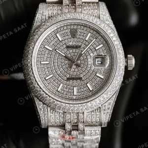 Rolex Datejust 41 mm Pave Beyaz Kadranlı Beyaz Altın Görünümlü Özel President Bilezik (Özel Varyant) Pırlanta Taşlı Bezel 3235 Super Clone ETA Saat kırp kapak