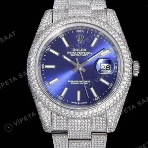 Rolex Datejust 41 mm Mavi Kadranlı Özel Taşlı President Bilezik (Özel Varyant) Pırlanta Taşlı Bezel 3235 Super Clone ETA Saat kırp kapak