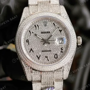 Rolex Datejust 41 mm Wimbledon Gri Kadranlı Özel Taşlı Oyster Bilezik Pırlanta Taşlı Bezel 3235 Super Clone ETA Saat kırp kapak