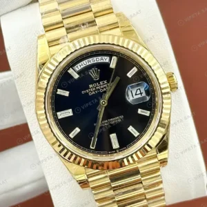 Rolex Day-Date 40 228238 Siyah Kadran Sarı Altın President Super Clone Eta Saat kırp kapak