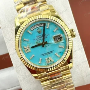 Rolex Day-Date 40 228238 Turkuaz Kadran Sarı Altın President Super Clone Eta Saat kırp kapak