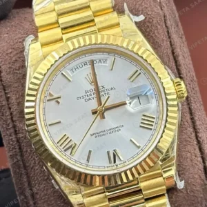 Rolex Day-Date 40 mm 228238 Roma Rakamlı Sedef Kadranlı Sarı Altın President Fluted Bezel 3255 Super Clone ETA Saat kırp kapak
