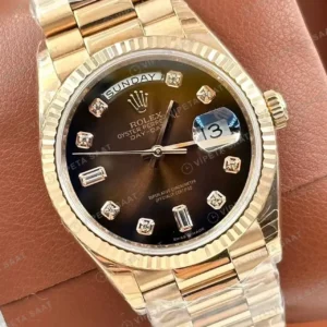 Rolex Day-Date 128238 36 mm Kahve Kadranlı President Sarı Altın Pırlanta Super Clone ETA Saat kırp kapak